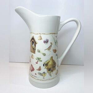Hallmark Water Pitcher Marjolein Basin 10” Ceramic Brand New Birds Nature Sketch